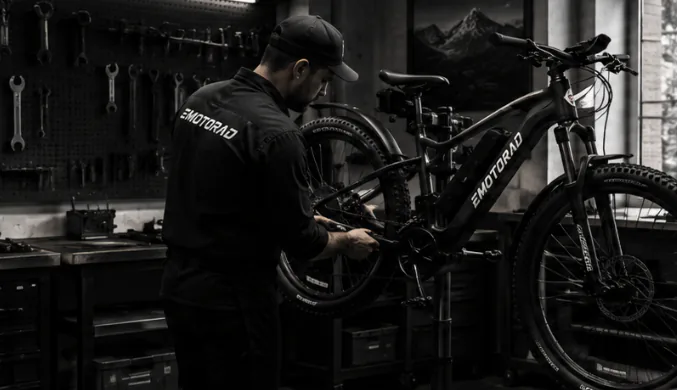 Un técnico de EMotorad reparando una bicicleta eléctrica en un taller autorizado