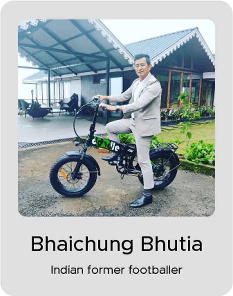 Bhaichung Bhutia, Indian former footballer, with an EMotorad electric cycle