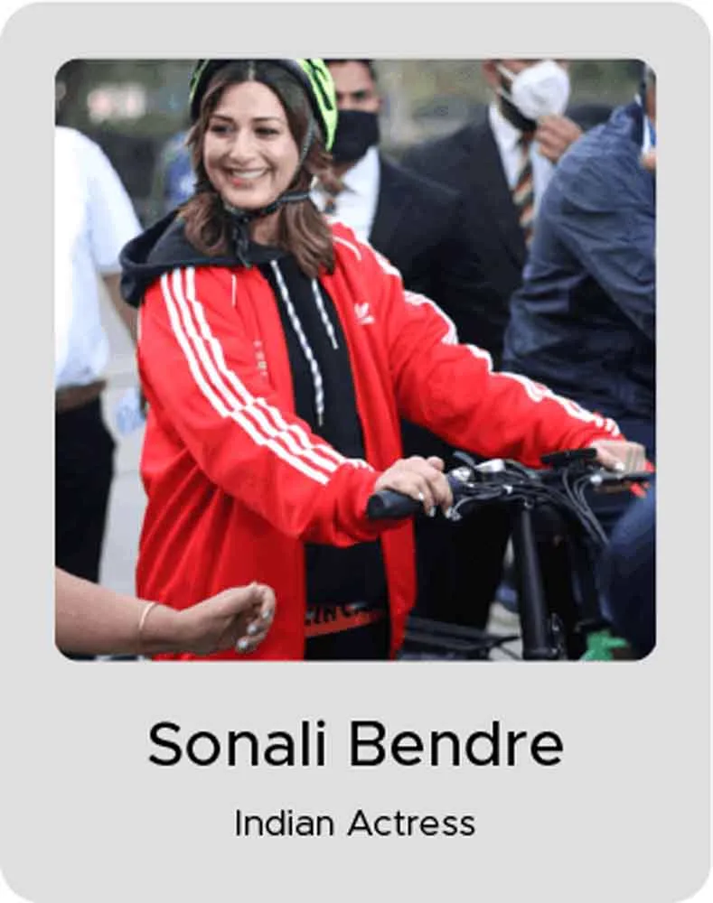 Sonali Bendre, Indian Actress, with an EMotorad electric cycle