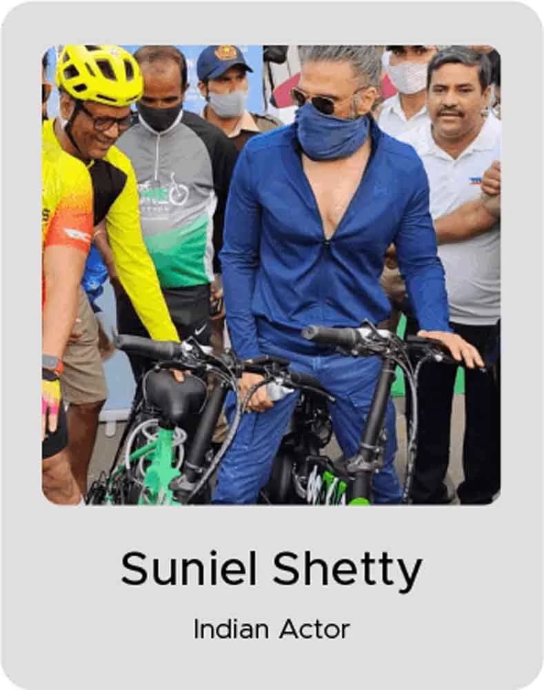 Suniel Shetty, Indian Actor, with an EMotorad electric cycle