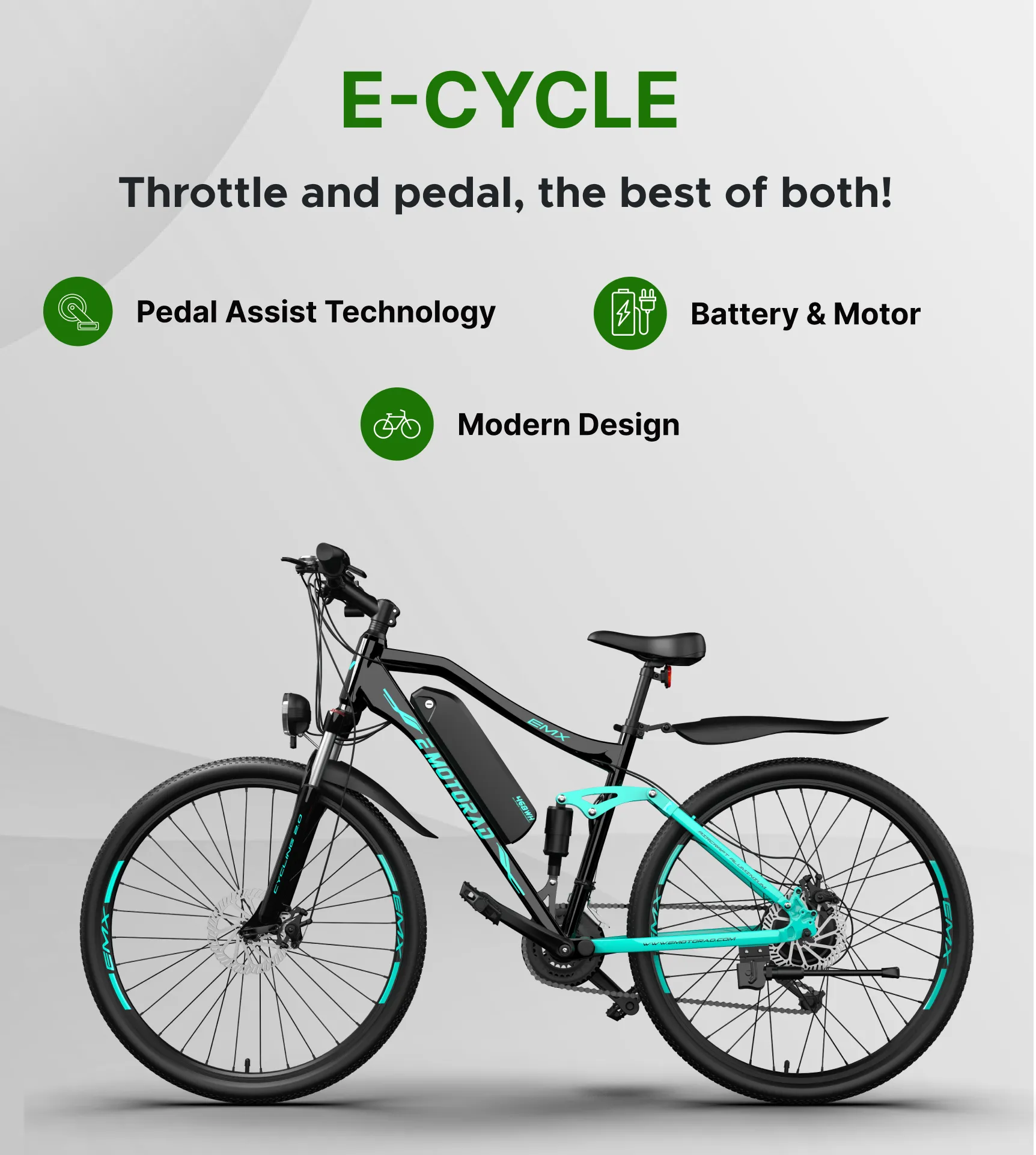 E-cycle — throttle and pedal, the best of both: pedal assist technology, battery and motor, modern design.